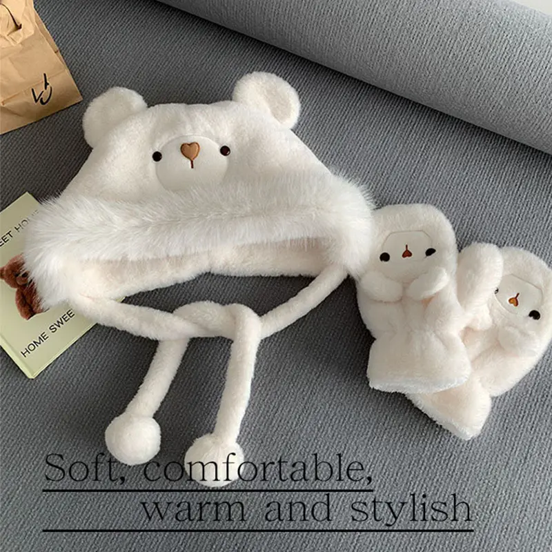 New Women's Autumn/Winter Plush Bear One Piece Hat Warm Plush Big Head Cover Head Hat Gloves Thickened Ear Protection