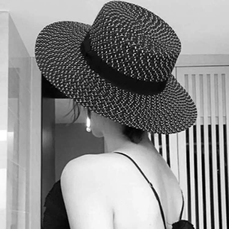New Beach Hat With Large Brim sun Visor, British Style Minimalist Japanese Style Small Fragrance Flat Top Hat