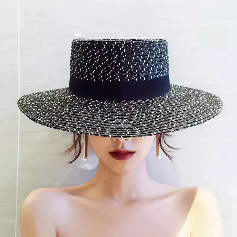 New Beach Hat With Large Brim sun Visor, British Style Minimalist Japanese Style Small Fragrance Flat Top Hat