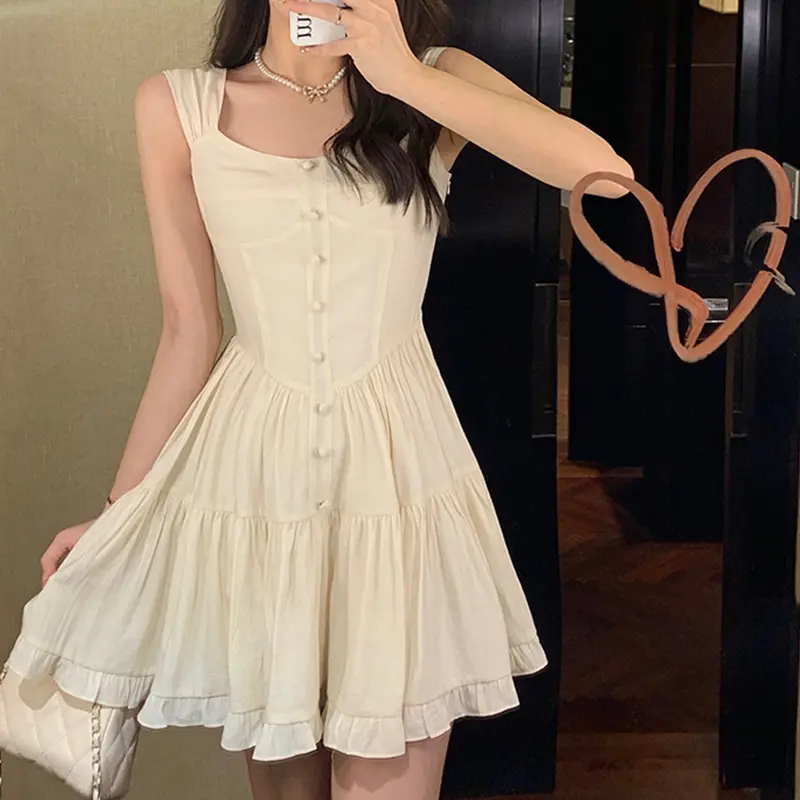 Dopamine Sweet Pure Desire Style Sleeveless Solid Color Cake Dress Female Summer Holiday Dresses