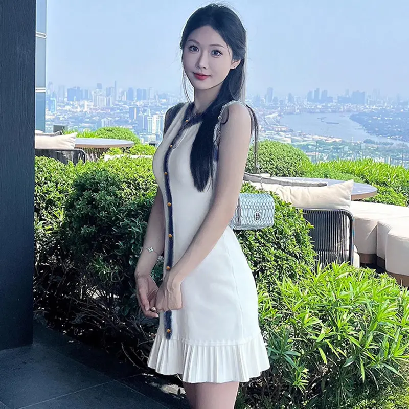 Denim Fringed Knitted Short-Sleeved Single-Breasted Ruffles Sleeveless Women Summer Chic Vest Dress