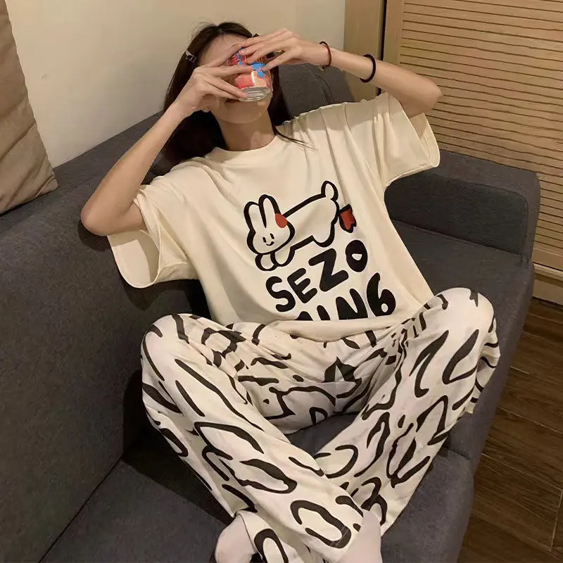 Ladies Pajamas Summer New Style Round Neck Short Sleeve Thin Style Sweet Girl Simple Casual Home Wear Suit