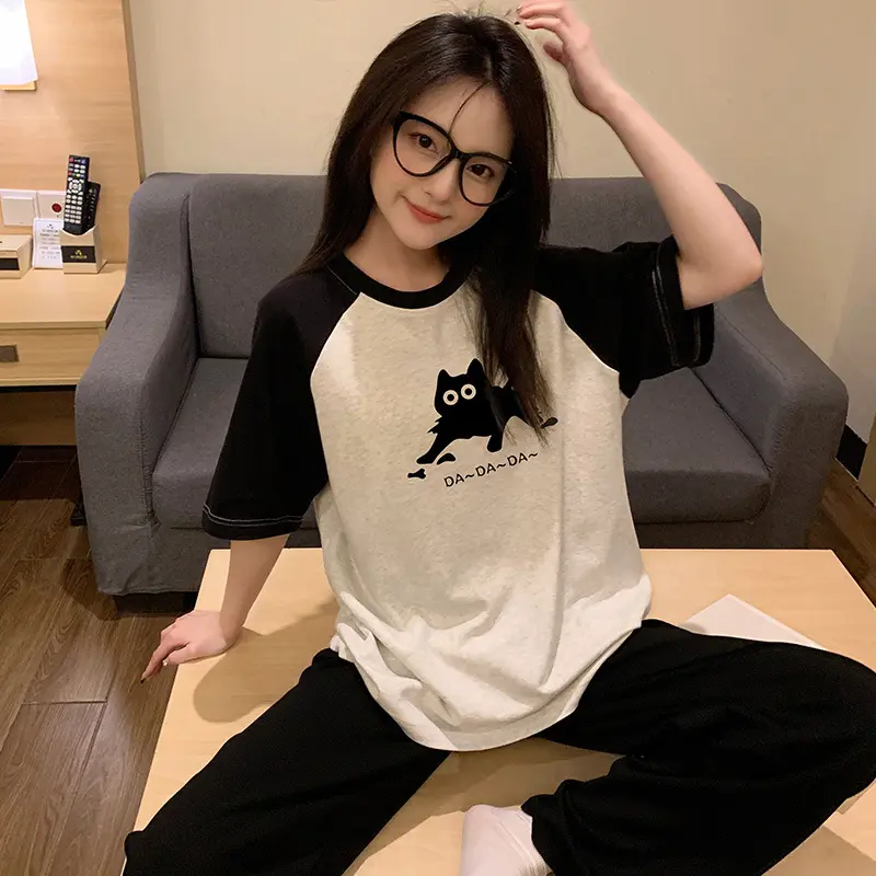 Ladies Pajamas Summer New Style Round Neck Short Sleeve Thin Style Sweet Girl Simple Casual Home Wear Suit