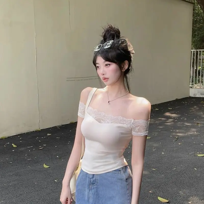 Pure Desire Hot Girl Slim Lace Stitching Outer Wear One Word Off The Shoulder Short Sleeve T-Shirt Female