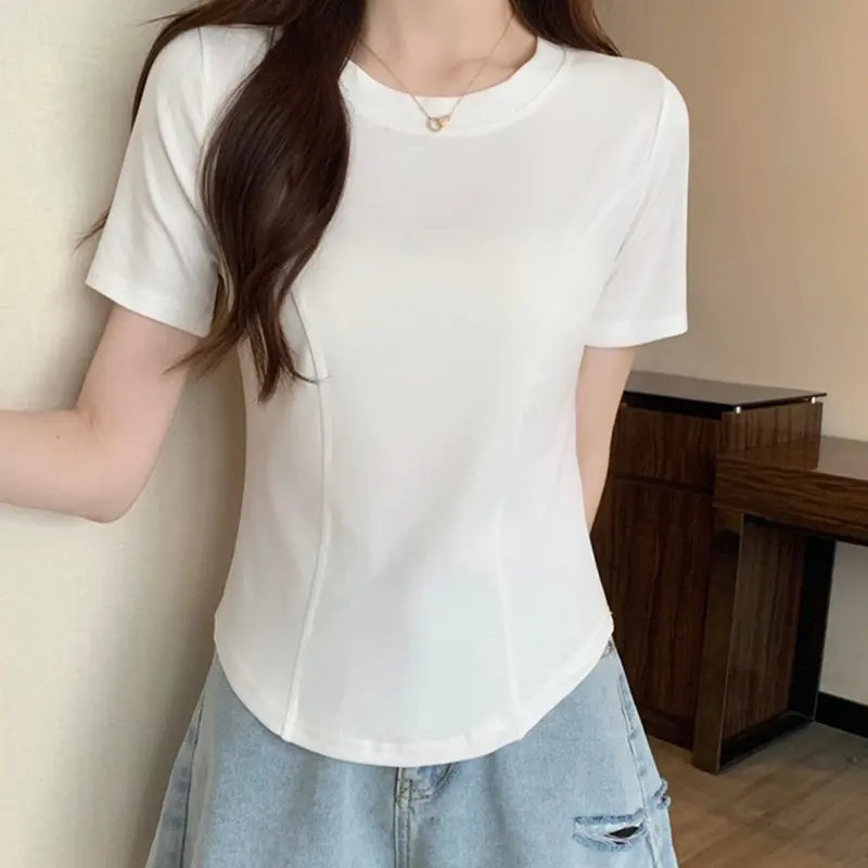 Summer New Short-sleeved T-shirt Women's Tight Design Irregular Hem Curved Top