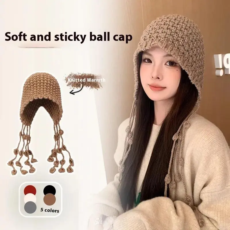 Handmade Fashion Thickened Baotou Hat Autumn And Winter Ball Tassel Ear Protection Strap Hat Mesh Red Knitted Woolen Hat