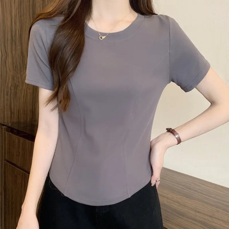 Summer New Short-sleeved T-shirt Women's Tight Design Irregular Hem Curved Top