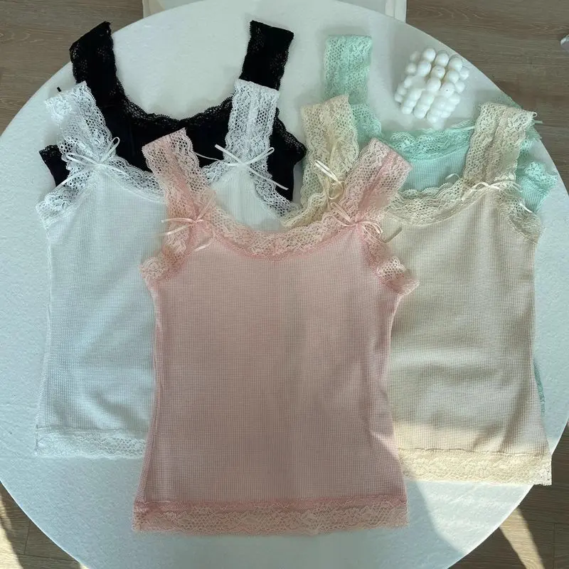 Summer Women's Pure Desire U-neck Bow Lace Patchwork Slim Camisole With Chest Pad