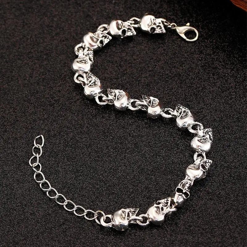 Retro Gothic Skeleton Head Beaded Alloy Bracelet For Women Men Punk Hip Hop Rock Cool Bracelet Jewelry Accessories Gifts