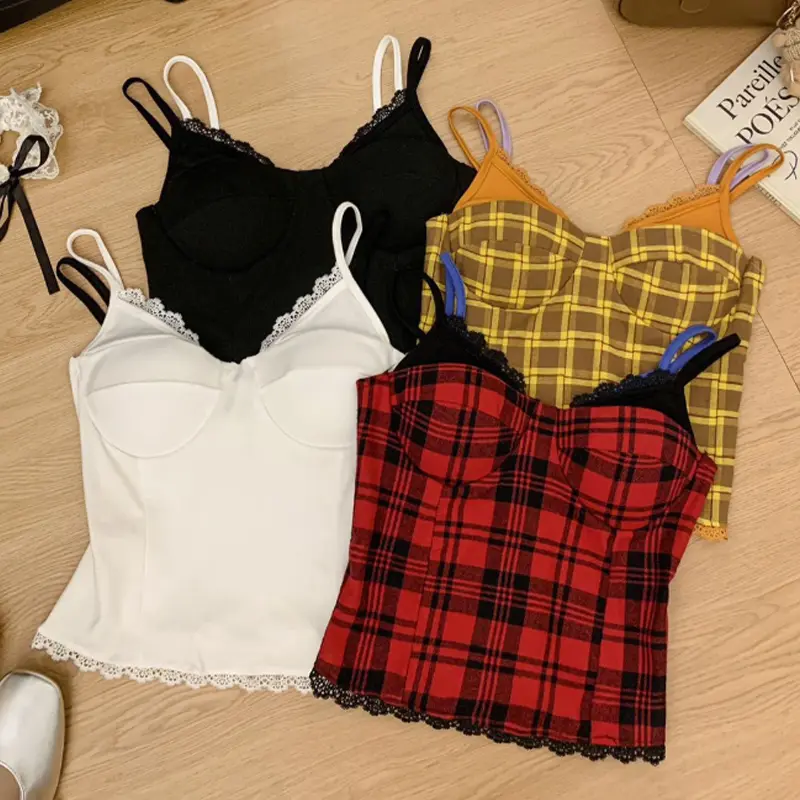 Summer Dopamine Y2K Plaid Vest Women Sexy Lace Patchwork V-neck Sleeveless Slim Camisole