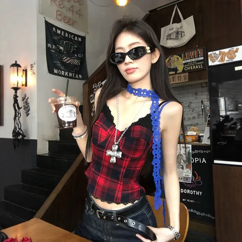 Summer Dopamine Y2K Plaid Vest Women Sexy Lace Patchwork V-neck Sleeveless Slim Camisole