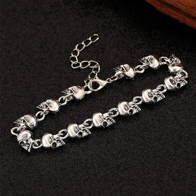 Retro Gothic Skeleton Head Beaded Alloy Bracelet For Women Men Punk Hip Hop Rock Cool Bracelet Jewelry Accessories Gifts
