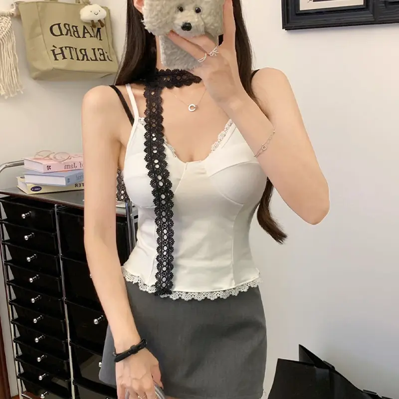 Summer Dopamine Y2K Plaid Vest Women Sexy Lace Patchwork V-neck Sleeveless Slim Camisole