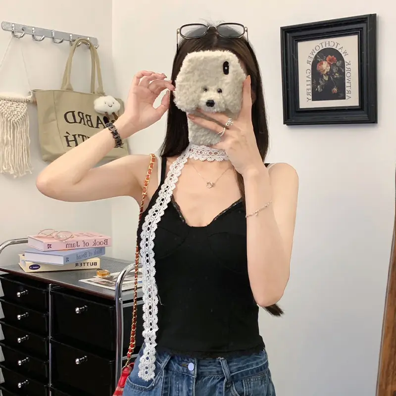 Summer Dopamine Y2K Plaid Vest Women Sexy Lace Patchwork V-neck Sleeveless Slim Camisole