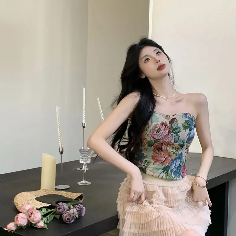 Women Sexy Summer Holiday Sweet Colorful Floral Strapless Top With Cheat Pads