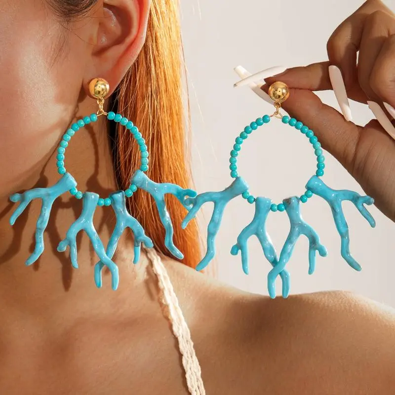 Trendy Bohemian Turquoise Earrings Acrylic Geometric Coral Inspired Jewelry For Women's Gift