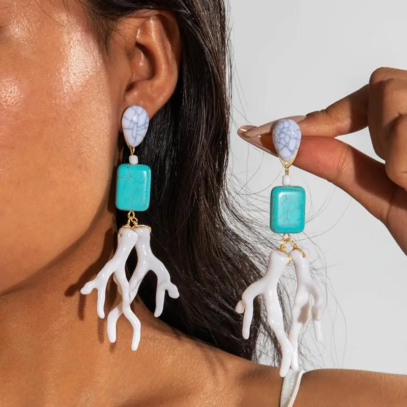 Trendy Bohemian Turquoise Earrings Acrylic Geometric Coral Inspired Jewelry For Women's Gift
