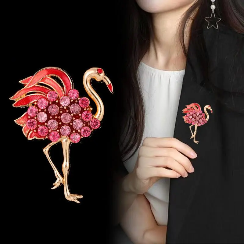 Fashion Temperament Animal Crystal Flamingo Brooch For Women Clothing Coat Accessries Gifts