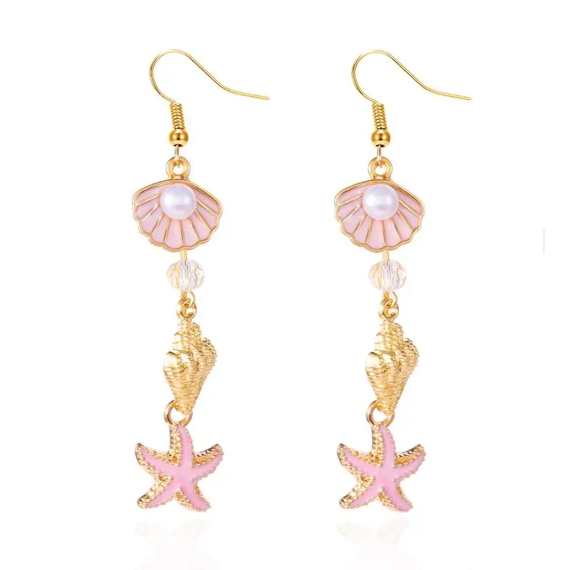 Fashion Ocean Style Shell Starfish Drop Earrings For Women Boho Retro Enamel Seashell Conch Dangle Earrings Beach Party Jewelry