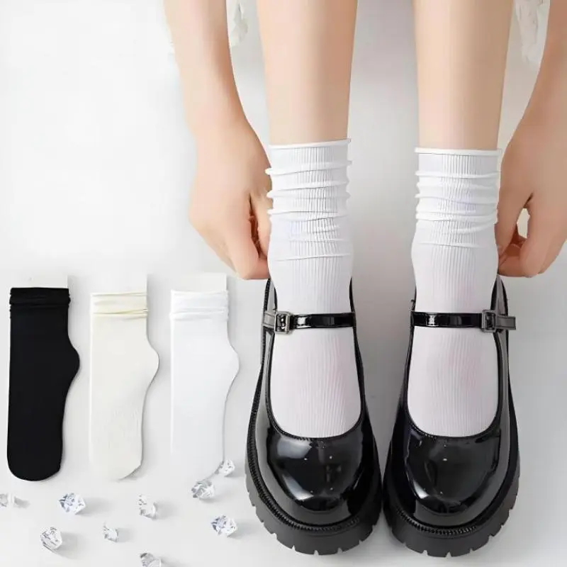 10 Pairs Ice Silk Medium Tube Socks – Solid Color Stacked Women's Casual Socks Breathable & Comfortable Kawaii Design