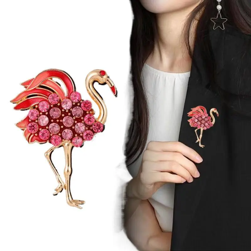 Fashion Temperament Animal Crystal Flamingo Brooch For Women Clothing Coat Accessries Gifts
