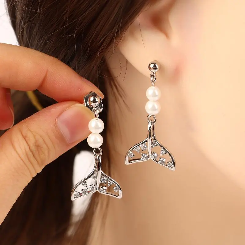 Exceptional Pearl Zircon Fishtail Stud Earrings; Women's Luxury Piercing Jewelry, Perfect Romantic Gift