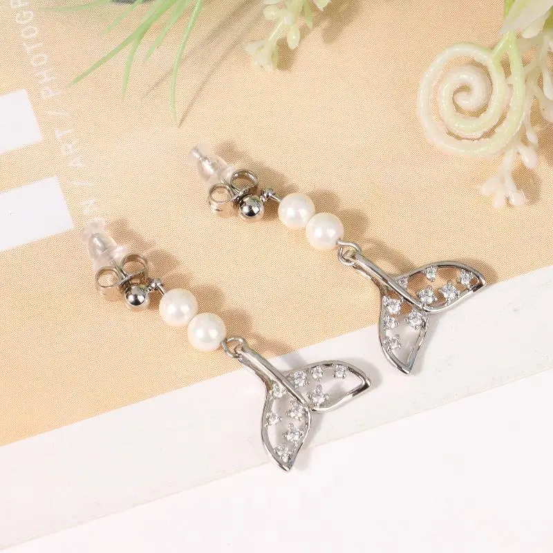 Exceptional Pearl Zircon Fishtail Stud Earrings; Women's Luxury Piercing Jewelry, Perfect Romantic Gift