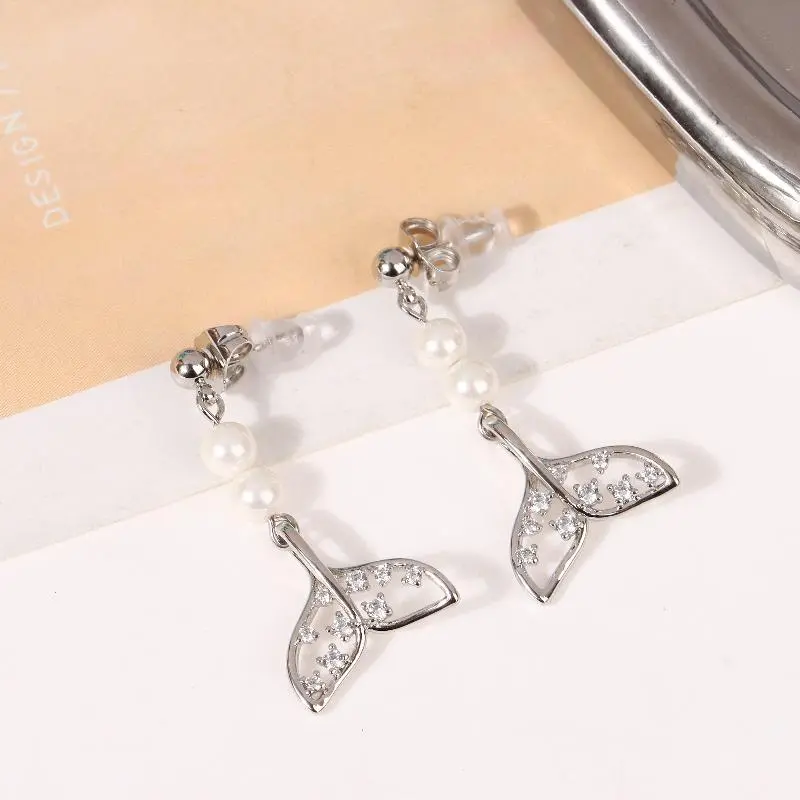 Exceptional Pearl Zircon Fishtail Stud Earrings; Women's Luxury Piercing Jewelry, Perfect Romantic Gift