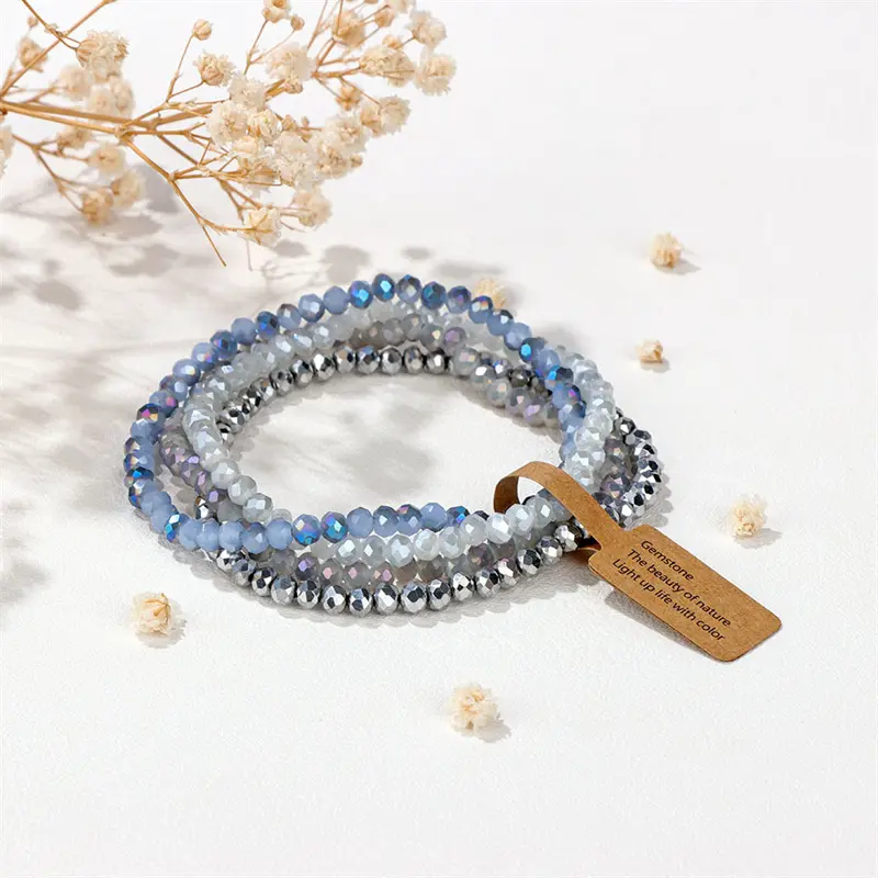 4mm Bead Women's Bracelet Set Multi-Strand Faceted Glass Bead Elastic Bracelet With Tag Clasp