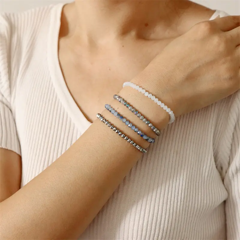 4mm Bead Women's Bracelet Set Multi-Strand Faceted Glass Bead Elastic Bracelet With Tag Clasp