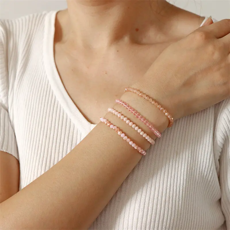 4mm Bead Women's Bracelet Set Multi-Strand Faceted Glass Bead Elastic Bracelet With Tag Clasp