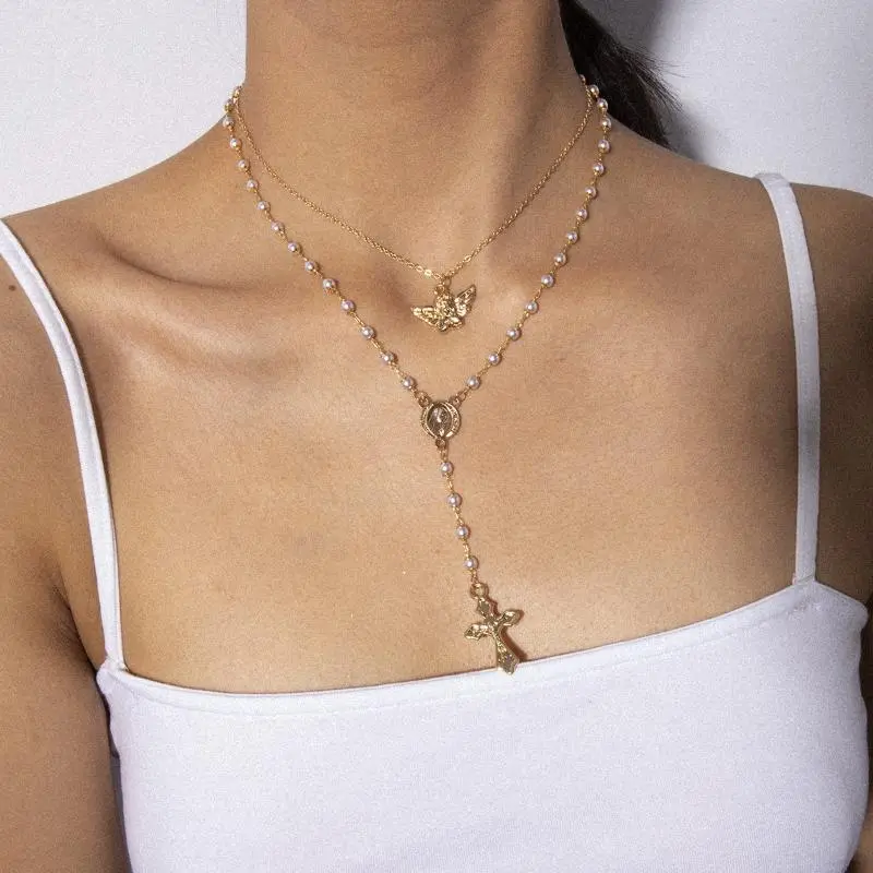 Stylish Imitation Pearl Tassel Necklace with Jesus Cross; Sparkly Clavicle Chain Fashion Jewelry