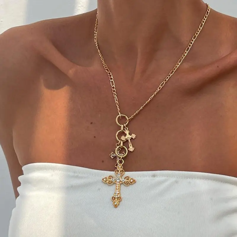 Stylish Imitation Pearl Tassel Necklace with Jesus Cross; Sparkly Clavicle Chain Fashion Jewelry
