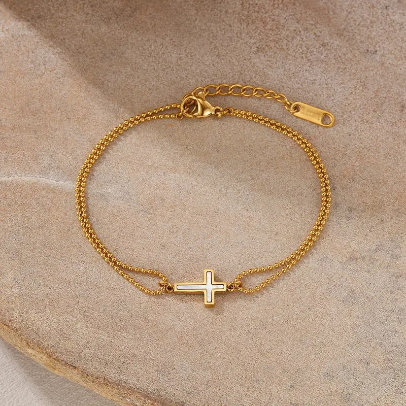 Stylish Women's Stainless Steel Cross Pendant Bracelet; Double Chain Bangle Perfect Gift for Men and Women