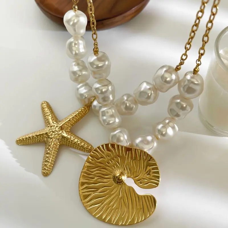 1/2Pc Bizarre Punk Starfish Irregular Round Pendant; Artificial Baroque Pearl Choker Chain for Women, Ideal Jewelry for Beach