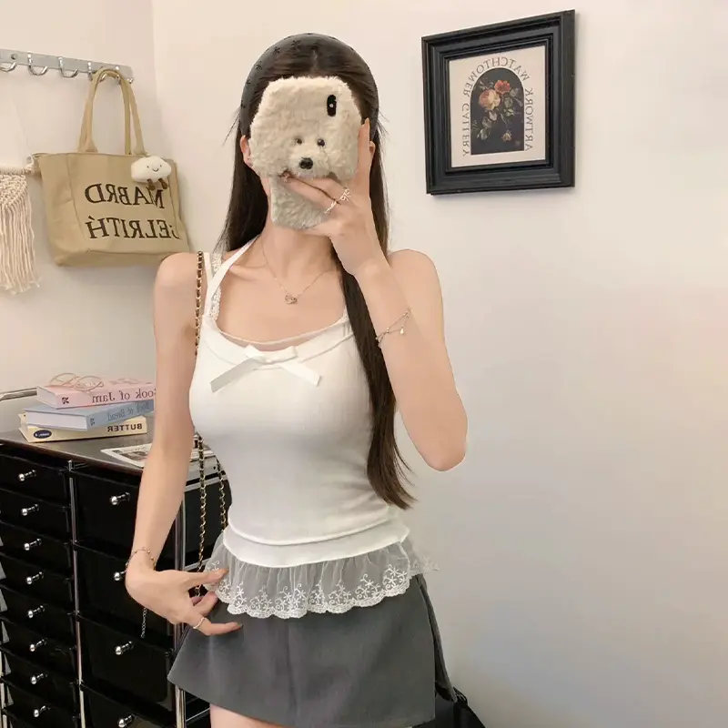 Summer Pure Desire Sexy Bow Lace Patchwork Sleeveless Slim Fake Two Piece Vest For Women