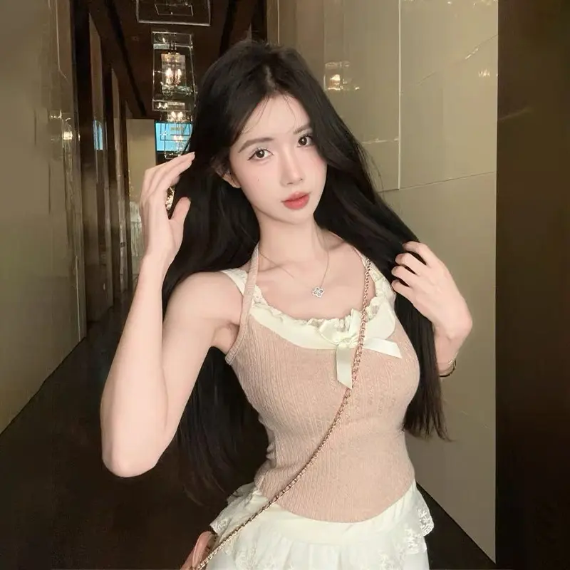Summer Pure Desire Sexy Bow Lace Patchwork Sleeveless Slim Fake Two Piece Vest For Women