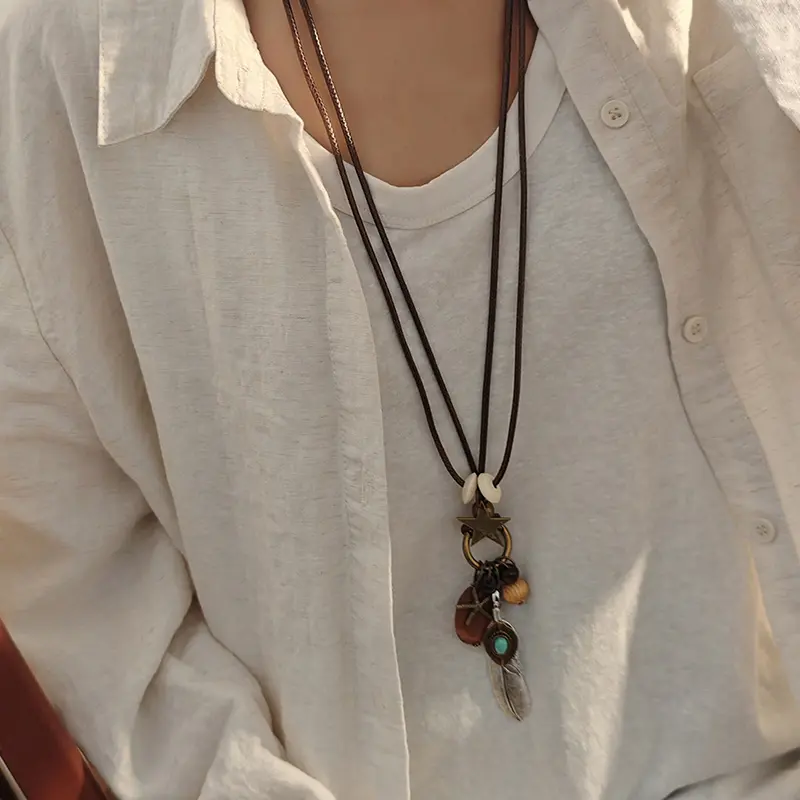 Fashion Resin Round Hollow Pendant Necklaces For Women Trendy Black Leather Rope Long Sweater Chain Necklaces Party Jewelry
