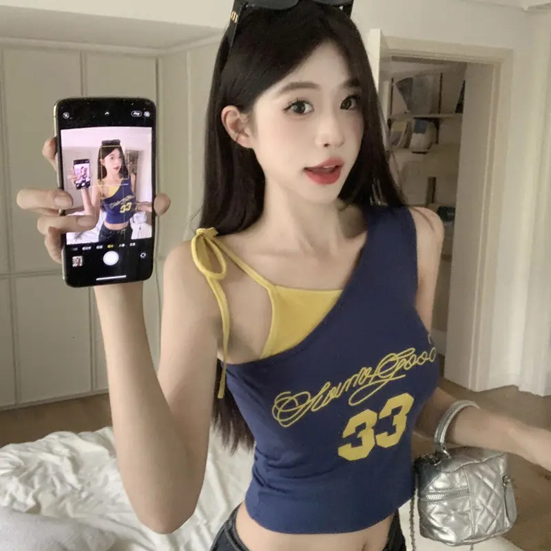 Summer Fashion Contrast Color Lace-up Letter Print Off-shoulder Sleeveless Slim Camisole For Women