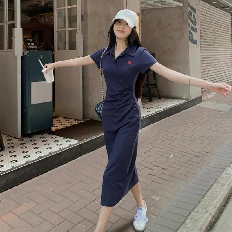 New Summer Women's Dress Korean Style Lapel Temperament Waist Slimming Short Sleeve Hip Skirt