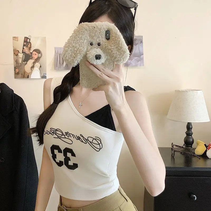 Summer Fashion Contrast Color Lace-up Letter Print Off-shoulder Sleeveless Slim Camisole For Women
