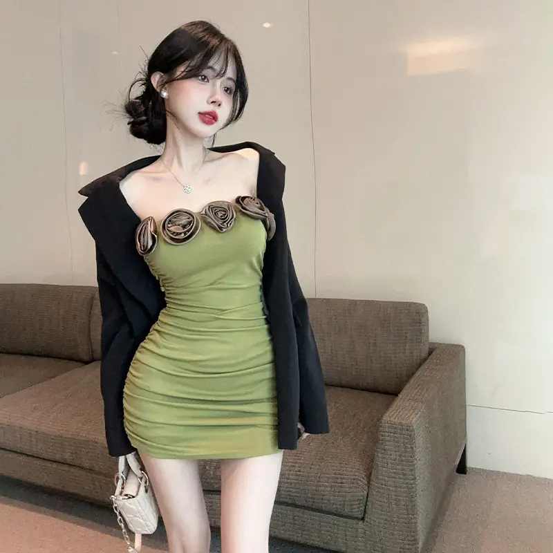 Women 3D Flower Pure Sexy Dress Summer Strapless Sheath Pleated Wrapped Party Short Dresses