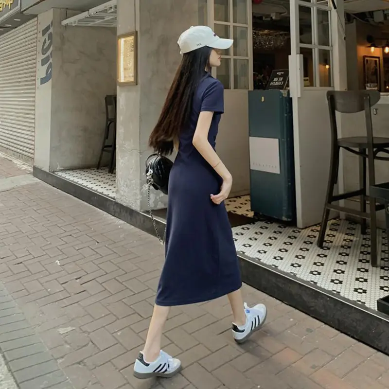 New Summer Women's Dress Korean Style Lapel Temperament Waist Slimming Short Sleeve Hip Skirt