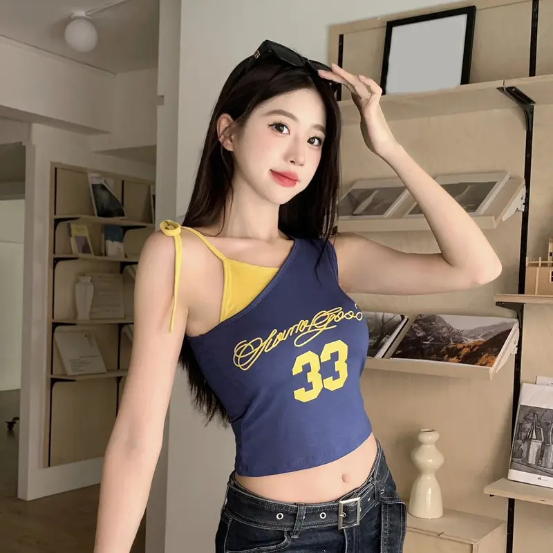 Summer Fashion Contrast Color Lace-up Letter Print Off-shoulder Sleeveless Slim Camisole For Women