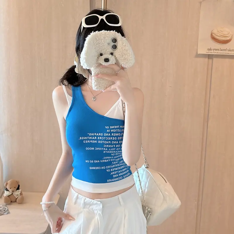 Fashion Off-shoulder Letter Print Patchwork Sleeveless Slim Camisole For Women
