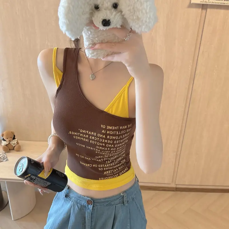 Fashion Off-shoulder Letter Print Patchwork Sleeveless Slim Camisole For Women