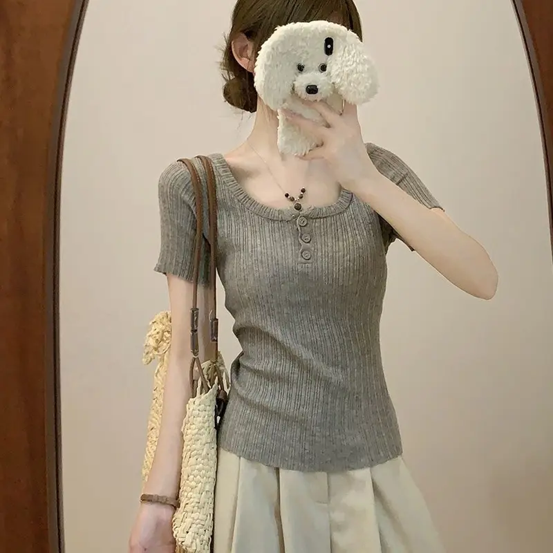 Korean Style Grey Square Collar Striped Sweater Short Sleeves For Women Summer