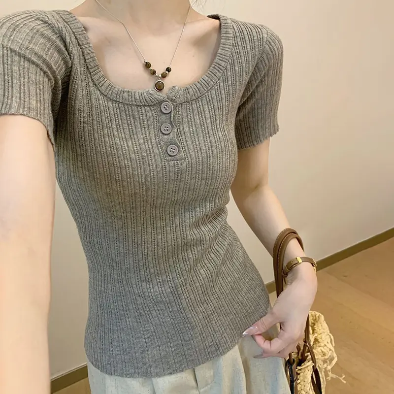 Korean Style Grey Square Collar Striped Sweater Short Sleeves For Women Summer