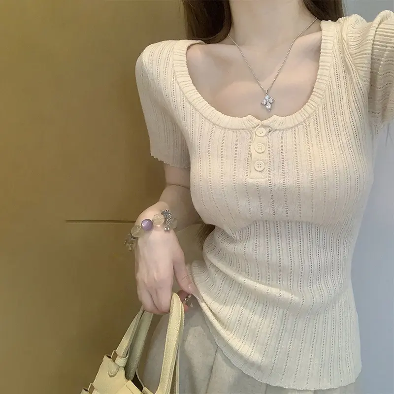 Korean Style Grey Square Collar Striped Sweater Short Sleeves For Women Summer