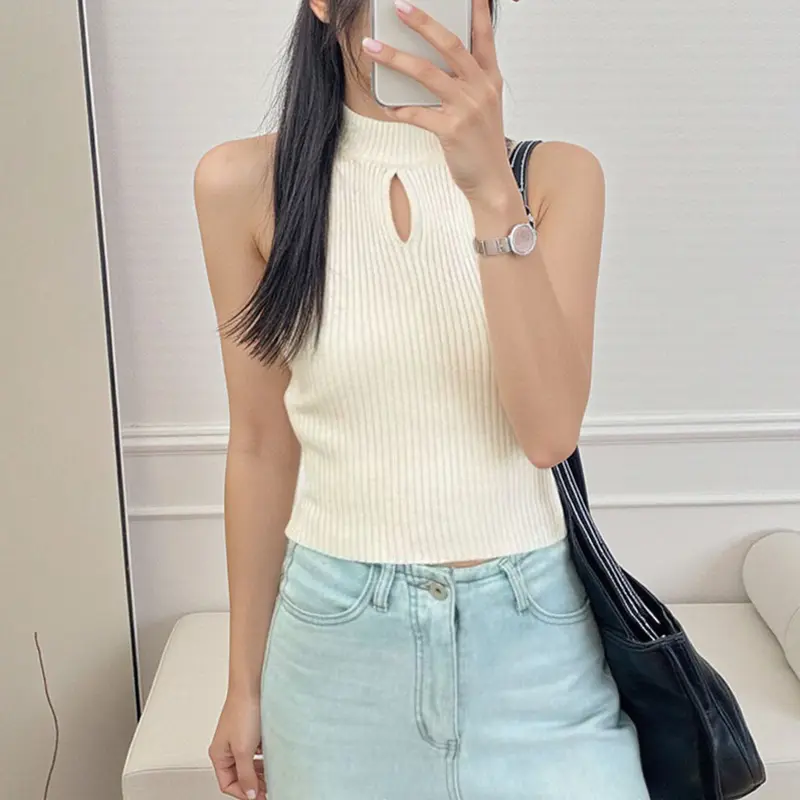Sleeveless Knitted Cold Shoulder Hot Girl Sexy Halter Neck Camisole Small Vest For Women